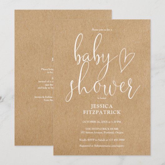 Elegante Script-rustikale Kraft in einer Babydusch Einladung (Vorne/Hinten)