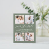 Elegante Script Sage 4 Foto Collage Save the Date Ankündigungspostkarte (Stehend Vorderseite)