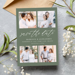 Elegante Script Sage Green 4 Foto Collage Save The Date
