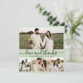 Elegante Script Sage Green 4 Foto Collage Wedding Dankeskarte (Stehend Vorderseite)