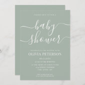 Elegante Script-Sage Green Baby-Dusche Einladung (Vorne/Hinten)