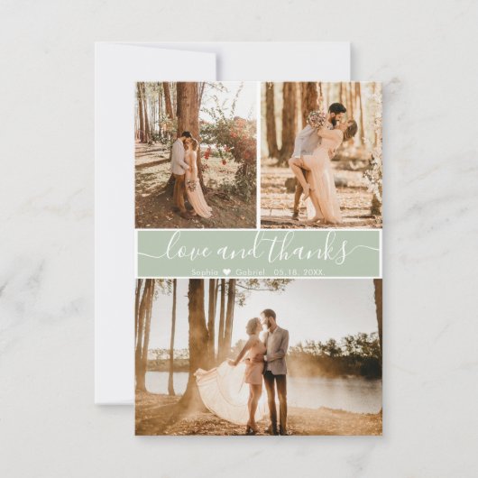 Elegante Script Sage Green Wedding 3 Foto Collage Dankeskarte (Vorderseite)