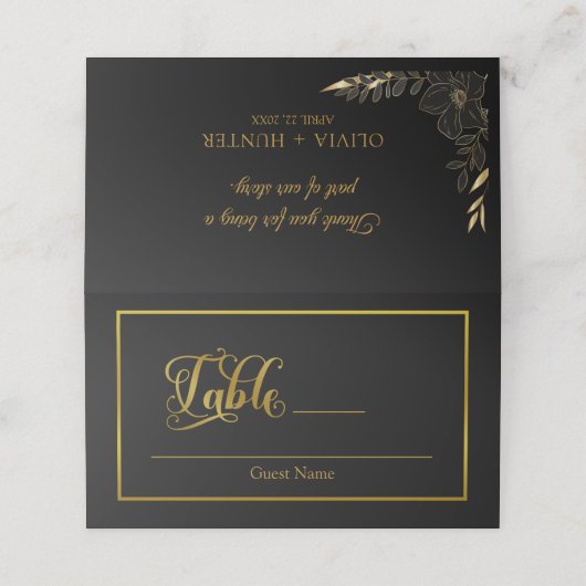 Elegante Script-Schnörkel Black & Gold-Hochzeit Platzkarte (Außenseite Aufgefaltet)