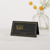 Elegante Script-Schnörkel Black & Gold-Hochzeit Platzkarte (Vorderseite)