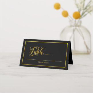 Elegante Script-Schnörkel Black & Gold-Hochzeit Platzkarte