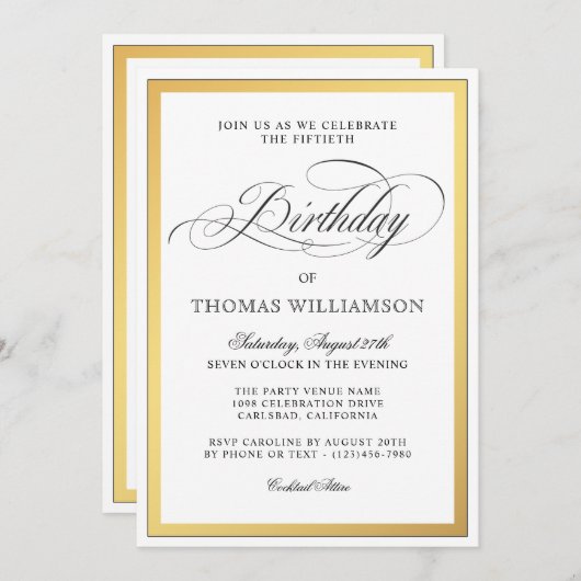 Elegante Script-Schnörkel Gold Fiftieth Birthday Einladung (Vorne/Hinten)