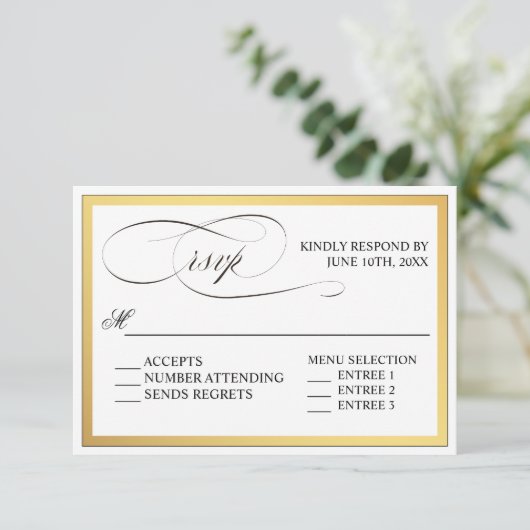 Elegante Script-Schnörkel Hochzeit von RSVP (Stehend Vorderseite)