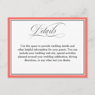 Elegante Script-Schnörkel Hochzeitdetails Koral Postkarte