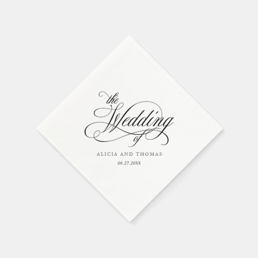 Elegante Script-Schnörkel Hochzeiten in Weiß Serviette (Ecke)