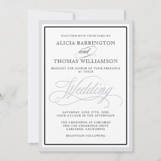 Elegante Script-Schnörkel mit beliebiger Silver-Gr Einladung (Vorderseite)