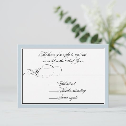 Elegante Script-Schnörkel mit Dusty Blue Border RSVP Karte (Stehend Vorderseite)