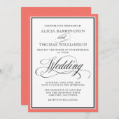 Elegante Script-Schnörkel mit Korallengrenzen Einladung (Vorne/Hinten)