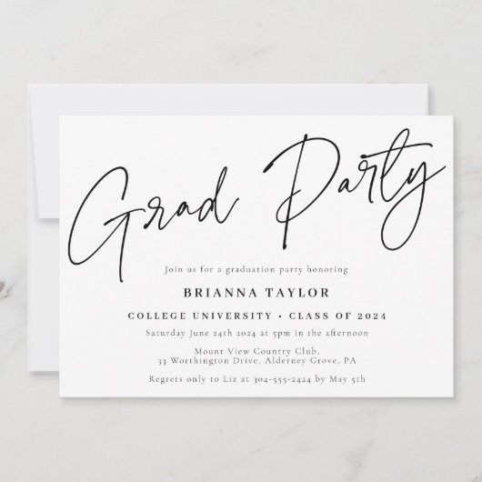 Elegante Script Schwarz-weiß Graduation Party Einladung (Vorderseite)