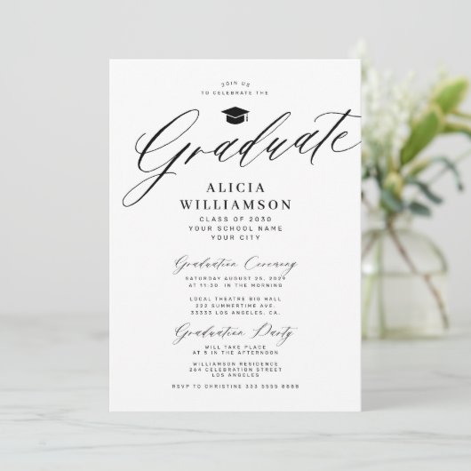 Elegante Script schwarz-weiß Graduierungsparty Einladung (Stehend Vorderseite)