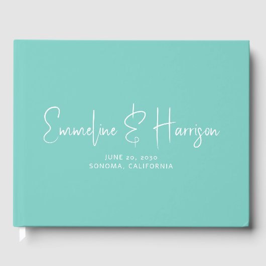 Elegante Script Serif Aquamarine Hochzeit Gästebuch (Vorderseite)