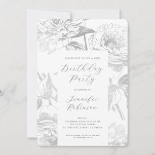 Elegante Script Silver Floral Geburtstagsparty Einladung