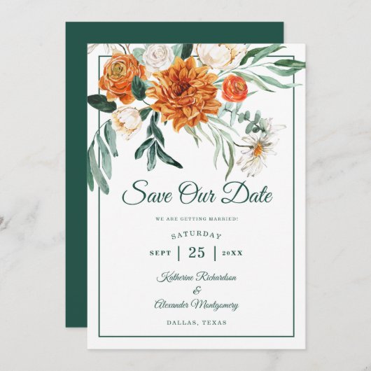 Elegante Script Smaragdgrüne Herbstblütenhochzeit Save The Date (Vorne/Hinten)