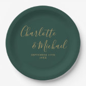 Elegante Script Smarald Green und Gold Wedding Pappteller (Vorderseite)