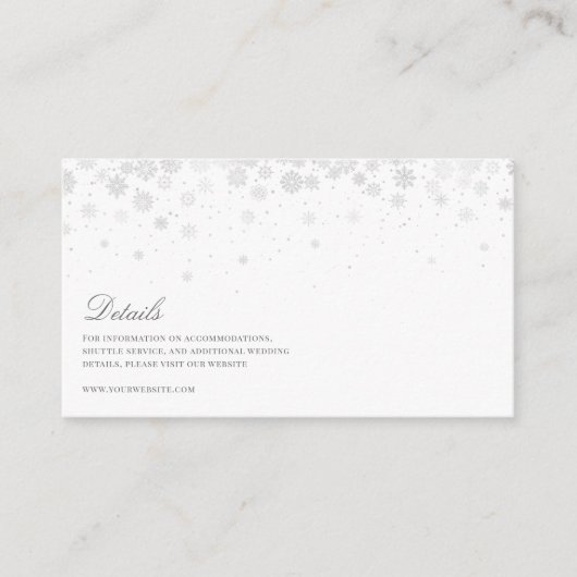 Elegante Script Snowflakes Hochzeitdetails Begleitkarte (Vorderseite)