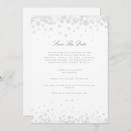 Elegante Script Snowflakes Save the Date Karte (Vorne/Hinten)