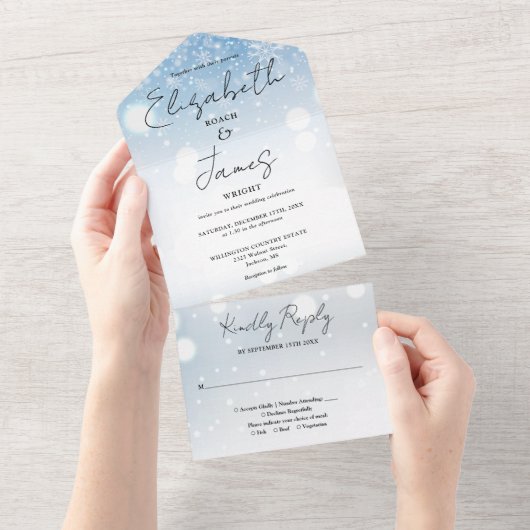 Elegante Script Snowflakes Winterhochzeit All In One Einladung (Abreißen)