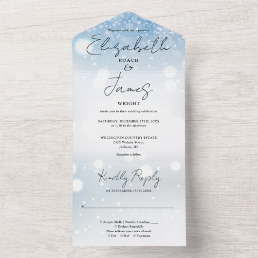 Elegante Script Snowflakes Winterhochzeit All In One Einladung (Innen Boden)