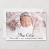 Elegante Script Stats Foto Collage Baby Girl Birth Ankündigung (Vorderseite)