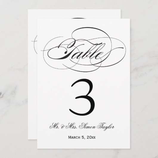 Elegante Script-Tischnummer - Schwarz Einladung (Vorne/Hinten)