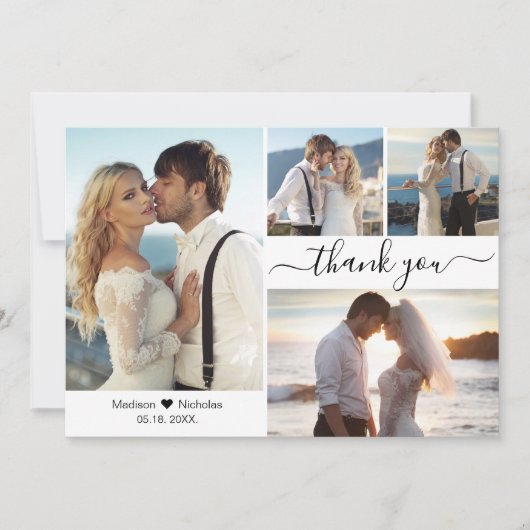 Elegante Script Typografie 4 Foto Collage Wedding Dankeskarte (Vorderseite)