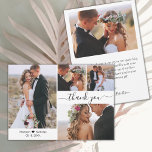 Elegante Script Typografie 4 Foto Collage Wedding Dankeskarte<br><div class="desc">Modernes Minimalistisches, elegantes Script 4 Foto Collage Wedding Dankeschön Card. Stilvolle Hochzeit dank Karte Vorlage mit 4 (vier) Foto auf der Vorderseite und ein Foto auf der Rückseite. Mit dem Text "Danke" in einer Wirblen Hand Schrift Schriftart mit Swash-Schwanz in schwarz auf weißem Hintergrund. Kleines Liebe Herz zwischen den Namen....</div>