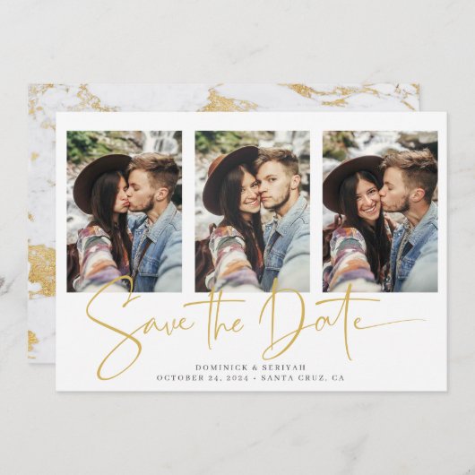 Elegante Script Typografie Gold-Marmor Save The Date (Vorne/Hinten)