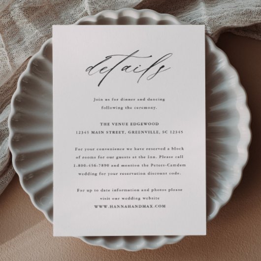 Elegante Script-Typografie-Hochzeitdetails Begleitkarte
