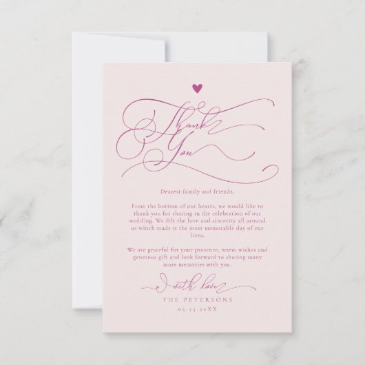 Elegante Script Typografie Pink Wedding Dankeskarte (Vorderseite)