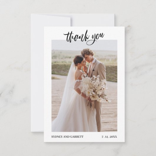 Elegante Script Wedding 2-Foto Dankeschön Card Dankeskarte (Vorderseite)