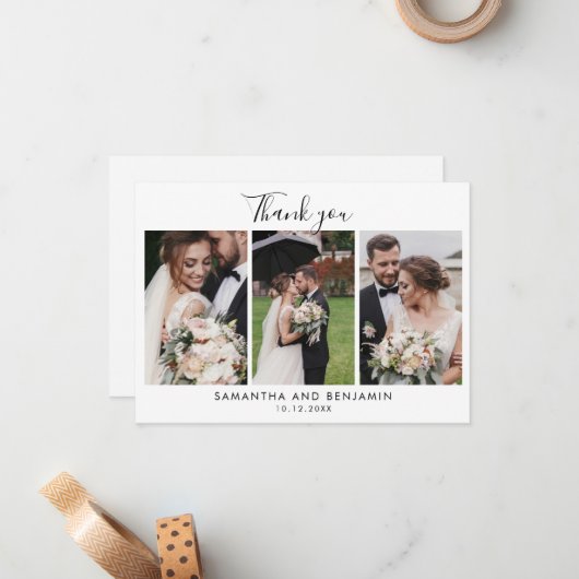 Elegante Script Wedding 3 Fotos Vielen Dank Mitteilungskarte (Vorderseite/Rückseite Beispiel)