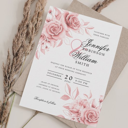 Elegante Script Wedding Blush Rose Gold Floral Einladung