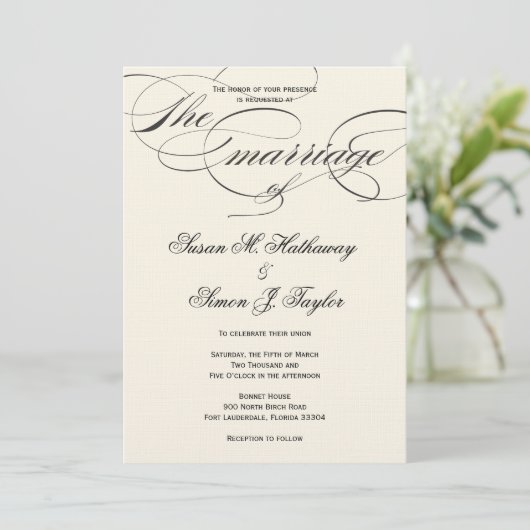 Elegante Script Wedding Einladung - BlackOff White (Stehend Vorderseite)