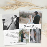 Elegante Script Wedding Foto Collage Danke Auto<br><div class="desc">Moderne, elegante, Minimalistische Hand Lettered Wedding Foto Collage Dankeschön Karte. Stilvolle Hochzeit dank Karte Vorlage mit drei (3) Foto auf der Vorderseite und ein (1) Foto auf der Rückseite. Mit dem Text "danke" in einer Wirblen Hand schreiben Typografie Skript-Schriftart in schwarz auf weißem Hintergrund. Personalisieren Sie den individuelle Name und...</div>