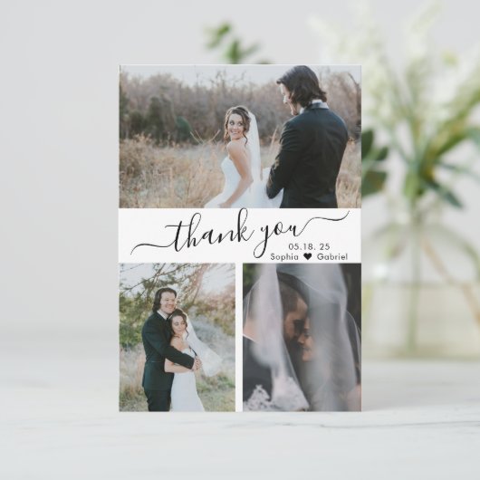 Elegante Script Wedding Foto Collage Danke Auto (Stehend Vorderseite)