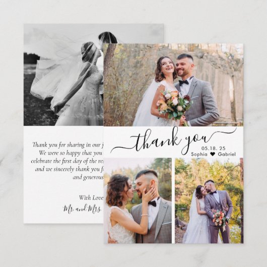 Elegante Script Wedding Foto Collage Dankeskarte (Vorne/Hinten)