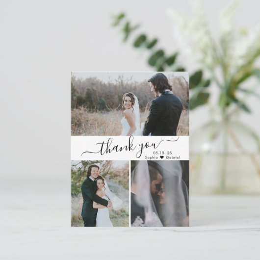 Elegante Script Wedding Foto Collage Vielen Dank Postkarte (Stehend Vorderseite)