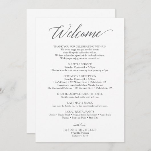 Elegante Script Wedding Itinerary - Begrüßung Programm (Vorne/Hinten)