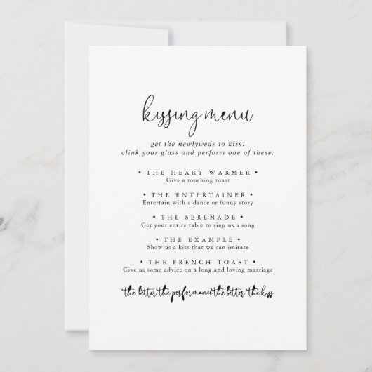 Elegante Script Wedding Kissing Menu Game Card (Vorderseite)