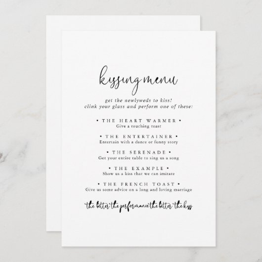 Elegante Script Wedding Kissing Menu Game Card (Vorne/Hinten)