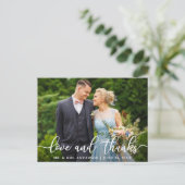 Elegante Script Wedding Liebe und Dank Bride Groom Postkarte (Stehend Vorderseite)