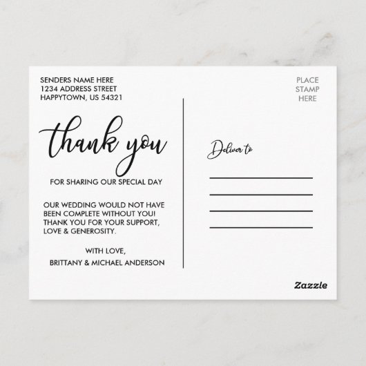 Elegante Script Wedding Liebe und Dank Bride Groom Postkarte (Rückseite)