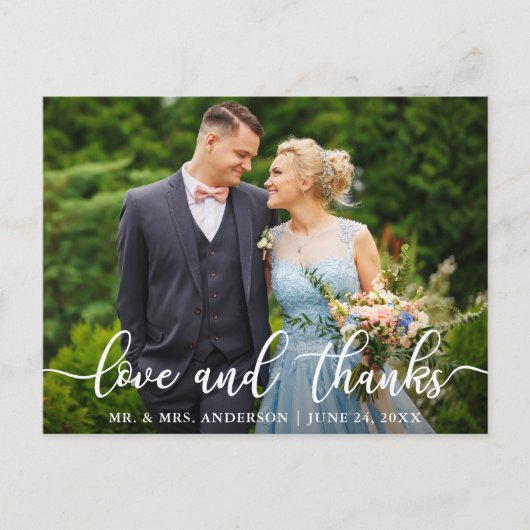 Elegante Script Wedding Liebe und Dank Bride Groom Postkarte (Vorderseite)