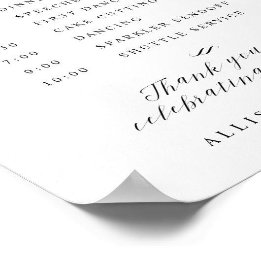 Elegante Script-Wedding Order of Events Sign Poster (Ecke)