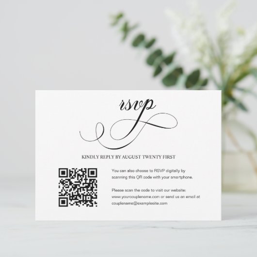 Elegante Script Wedding QR Code Foto RSVP Card Karte (Stehend Vorderseite)
