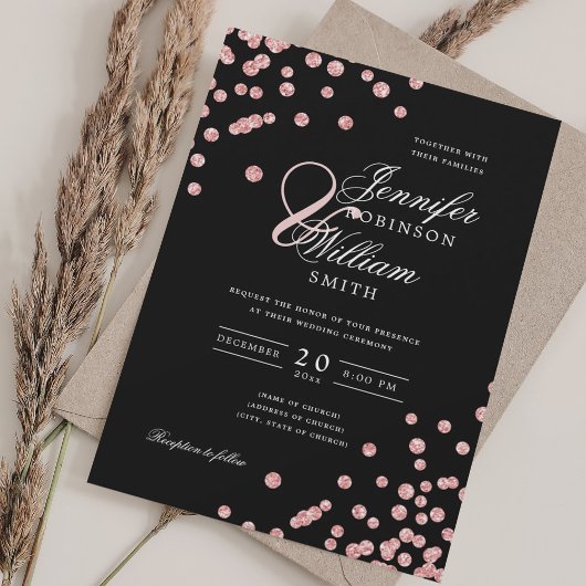 Elegante Script Wedding Rose Gold Confetti Black Einladung